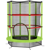 HOMCOM Saltea Elastică pentru Copii 3-6 Ani cu Plasă de Protecție, 6 Stâlpi și 3 Intrări, Ø140x190 cm, Verde(m-10)