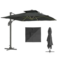 Outsunny Parasol déporté rectangulaire parasol LED inclinable pivotant manivelle acier alu. dim. 3L x 3l x 2,66H m polyester gris(m-6)