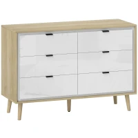 HOMCOM Kommode mit 6 Schubladen aus Holz für Schlafzimmer, 110x40x75 cm, Glänzendes Weiß und Eiche(m-1)