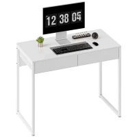 HOMCOM Escritorio con 2 cajones, mesa de ordenador 100 x 50 cm, escritorio moderno con patas de acero, para espacios pequeños, blanco brillante(m-6)