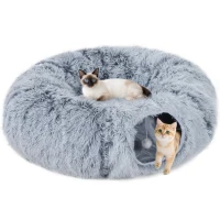 PawHut Tunnel per Gatti, in Peluche, con Cuscino, Pieghevole, Telaio in Metallo, Grigio Chiaro(m-7)