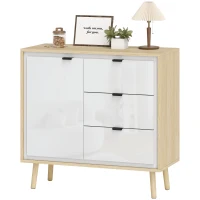 HOMCOM Modern Sideboard with 3 Drawers and Cabinet, Adjustable Internal Shelf and Glossy Doors, White and Oak(m-7)