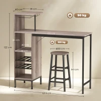 HOMCOM Set de Mesa Alta de 3 piezas con Espacio de Almacenamiento, Estantes de Vino, Portavasos, Taburetes con Reposapiés, para Espacios Pequeños, Gris(m-3)