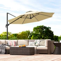 Outsunny 3(m) Adjustable Cantilever Parasol with Base, Solar LED Lights, Khaki(m-9)