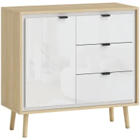 HOMCOM Modernes Sideboard mit 3 Schubladen und Schrank, verstellbarem Innenregal und glänzenden Türen, Weiß und Eiche(m-1)