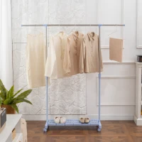 HOMCOM Séchoir Extensible avec Roues avec Barre en Acier Inoxydable et Étagère pour Chaussures 159x42x168 cm Bleu et Argent(m-4)