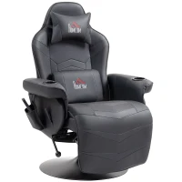 HOMCOM Gamingsessel, Massagefunktion, neigbare Lehne, Fußstütze, bis 120 kg, Stahlrahmen, Kunstleder, Schwarz(m-1)