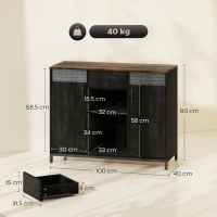 HOMCOM Buffet 2 Portes avec Perforations 2 Compartiments et Tiroir Étagères Ajustables 100x40x80 cm Noir et Marron Rustique(m-3)