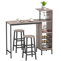 HOMCOM Ensemble de table de bar en 3 pièces avec rangement, porte-bouteilles de vin, porte-verres, tabourets avec repose-pieds, pour petits espaces, Gris
