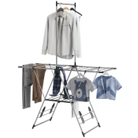 HOMCOM Stendibiancheria Verticale Pieghevole con Ali Regolabili 4 Supporti per Scarpe Barra e Ripiano 139x62,5x201 cm Argento(m-6)