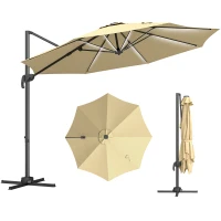 Outsunny 3(m) Adjustable Cantilever Parasol with Base, Solar LED Lights, Khaki(m-10)