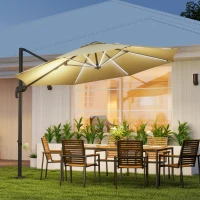 Outsunny 3(m) Adjustable Cantilever Parasol with Base, Solar LED Lights, Khaki(m-2)