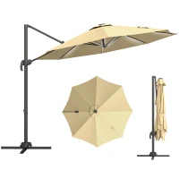 Outsunny 3(m) Adjustable Cantilever Parasol with Base, Solar LED Lights, Khaki(m-11)