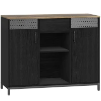 HOMCOM Sideboard mit 2 Türen mit Löchern 2 Fächer und Schublade Verstellbare Regale 100x40x80 cm Schwarz und Rustikales Braun(m-1)