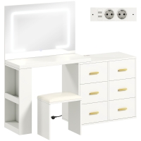 HOMCOM Coqueta con espejo y taburete, mesa de maquillaje con iluminación LED ajustable, 6 cajones, 118 x 78 x 135 cm, blanco