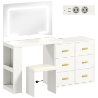 HOMCOM Coqueta con espejo y taburete, mesa de maquillaje con iluminación LED ajustable, 6 cajones, 118 x 78 x 135 cm, blanco(m-1)