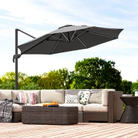 Outsunny Umbrelă de Soare Exterioară cu Lumini LED și Unghi Reglabil, Umbrelă de Grădină din Aluminiu și Poliester, Ø2.98x2.55 m, Gri(m-9)