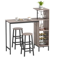 HOMCOM 3-pc Bar Table Set with Storage, Wine Racks, Glass Holders, Stools with Footrest, for Small Spaces, Gray(m-7)