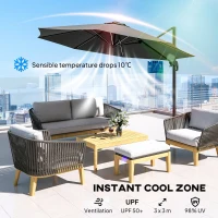 Outsunny Umbrelă de Soare Exterioară cu Lumini LED și Unghi Reglabil, Umbrelă de Grădină din Aluminiu și Poliester, Ø2.98x2.55 m, Gri(m-5)