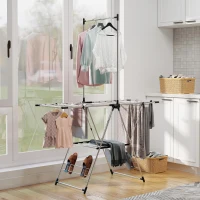 HOMCOM Vertikaler Faltbarer Wäscheständer mit verstellbaren Flügeln, 4 Schuhhaltern, Stange und Regal 139x62,5x201 cm Silber(m-2)