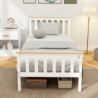 HOMCOM Cadre de lit simple, cadre de lit en bois, espace de rangement inférieur, pin massif, blanc(m-2)