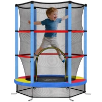 HOMCOM Saltea Elastică pentru Copii 3-6 Ani cu Plasă de Protecție, 6 Stâlpi și 3 Intrări, Ø140x190 cm, Multicolor(m-11)