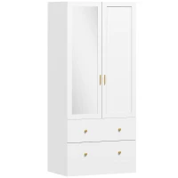 HOMCOM Kleiderschrank Schlafzimmer mit Spiegel, 2 Türen, 2 Schubladen und Aufhängestange, 80 x 50 x 180 cm, weiß(m-1)