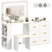HOMCOM Coiffeuse mit Spiegel und Hocker, Schminktisch mit einstellbarer LED-Beleuchtung, 6 Schubladen, 118 x 78 x 135 cm, weiß(m-7)
