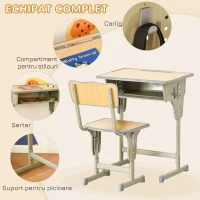 HOMCOM Banca scoala cu Scaun – Reglabil, Lemn Natur, 6–12 Ani(m-5)
