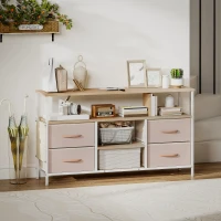 HOMCOM Mobile TV con Luce LED e Prese Porte USB Ripiani Aperti 4 Cassetti pieghevoli 120x30x67,5 cm Beige e Bianco(m-5)