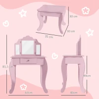 HOMCOM Toucador Infantil de Madeira com Banco e Espelho de Acrílico de 2 Seções Mesa de Maquilhagem Infantil 63x40x85,5 cm Rosa(m-3)