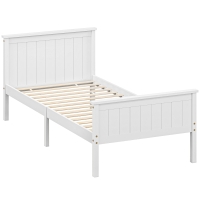 HOMCOM Marco de Cama 100 x 210 cm, cama individual de madera maciza con somier de listones cabecera y pie incluidos, montaje fácil, blanco