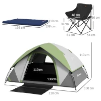 Outsunny Camping Tent with Inflatable Mattress and Camping Chair, 2-3 Person Dome Tent with Sewn-in Groundsheet, Portable 3000mm Waterproof Tent with Carry Bag and Hook, for Fishing Hiking(m-3)