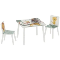 AIYAPLAY Mesa e Cadeiras para Crianças de 3 Peças Mesa Infantil com 2 Cadeiras em Madeira com Desenhos de Leões Verde(m-10)