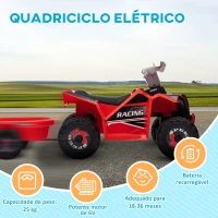 HOMCOM Quadriciclo Elétrico para Crianças com Reboque Bateria 6V de 18-36 Meses com Velocidade 2,5 km/h 106x41,5x48,5 cm Vermelho(m-6)