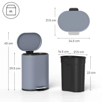 HOMCOM Bidone della spazzatura da 6L a pedale, in metallo, con secchiello interno e coperchio a chiusura morbida, 24,5x21,5x29,5cm, Grigio(m-3)