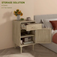 HOMCOM Bedside Table, Rattan Side Tables with Drawer, Cabinet and Adjustable Shelf, Boho Bedside Cabinet with Storage for Bedroom, Living Room, Natural Wood Effect(m-5)
