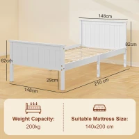 HOMCOM 100 x 210 cm Bed Frame, Single Bed in Solid Wood with Slatted Bed Base Headboard and Footboard Included, Easy Assembly, White(m-3)