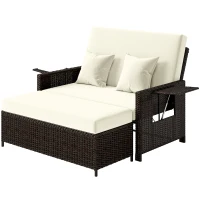 Outsunny Poly-rotan loungebank 2-zits set ligstoel kruk bruin(m-11)