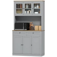 HOMCOM Küchenschrank mit 3 Glastüren, offenem Fach, 2 Schubladen und verstellbaren Regalen 100x40x180 cm Grau(m-6)