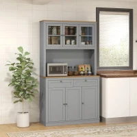 HOMCOM Küchenschrank mit 3 Glastüren, offenem Fach, 2 Schubladen und verstellbaren Regalen 100x40x180 cm Grau(m-2)