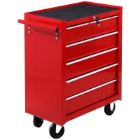HOMCOM 5 Drawer Tool Box on Wheels, Lockable Steel Tool Cabinet with Side Handle, Red(m-1)