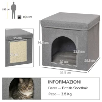 PawHut Casetta per Gatti Pieghevole a Cubo con Cuscino e Tappetino Tiragraffi, 36.5x36.5x36.5 cm, Grigio(m-3)
