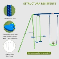Outsunny Juego de Columpios de Jardín de Metal con Altura Ajustable 2 Columpios y Balancín 280x140x178 cm Verde y Azul(m-6)