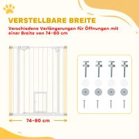 PawHut Türgitter mit Katzenklappe, Montage ohne Bohren, variable Breite 74-80 cm, einhändiges Öffnen, Metall, Weiß(m-4)