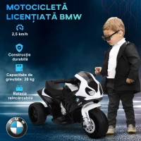 HOMCOM Motocicleta Electrica pentru Copii cu Autorizatie BMW 3 Roti Baterie Reincarcabila 6V Alb si Negru(m-5)
