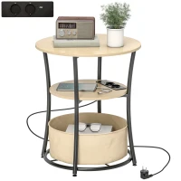 HOMCOM Tavolino da salotto rotondo con 3 ripiani, ricarica integrata e sacca, Ø50 x 55,1 cm, Legno naturale(m-6)