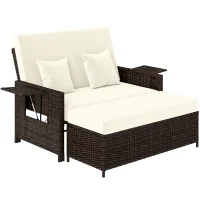 Outsunny Canapé-lit de jardin modulable en résine tressée bain de soleil 2 places dossier inclinable tablettes rétractables coussins intégrées crème + repose-pieds avec coffre de rangement chocolat(m-7)