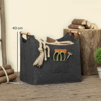 Outsunny Borsa in Feltro Portalegna da Interno con Manici in Legno, Capacità 15 kg, 45x32x40 cm, Grigio(m-3)
