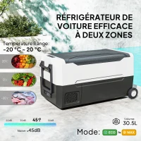 HOMCOM Glacière électrique portable pour voiture avec 2 zones contenance 30,5 L, lumière LED, jusqu'à -20°C(m-4)